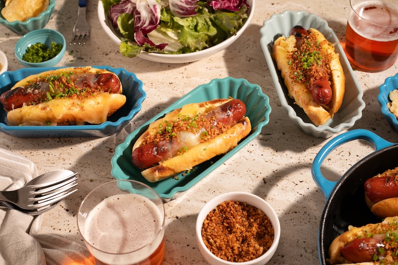 French Onion Hot Dogs with Honey Dijonnaise